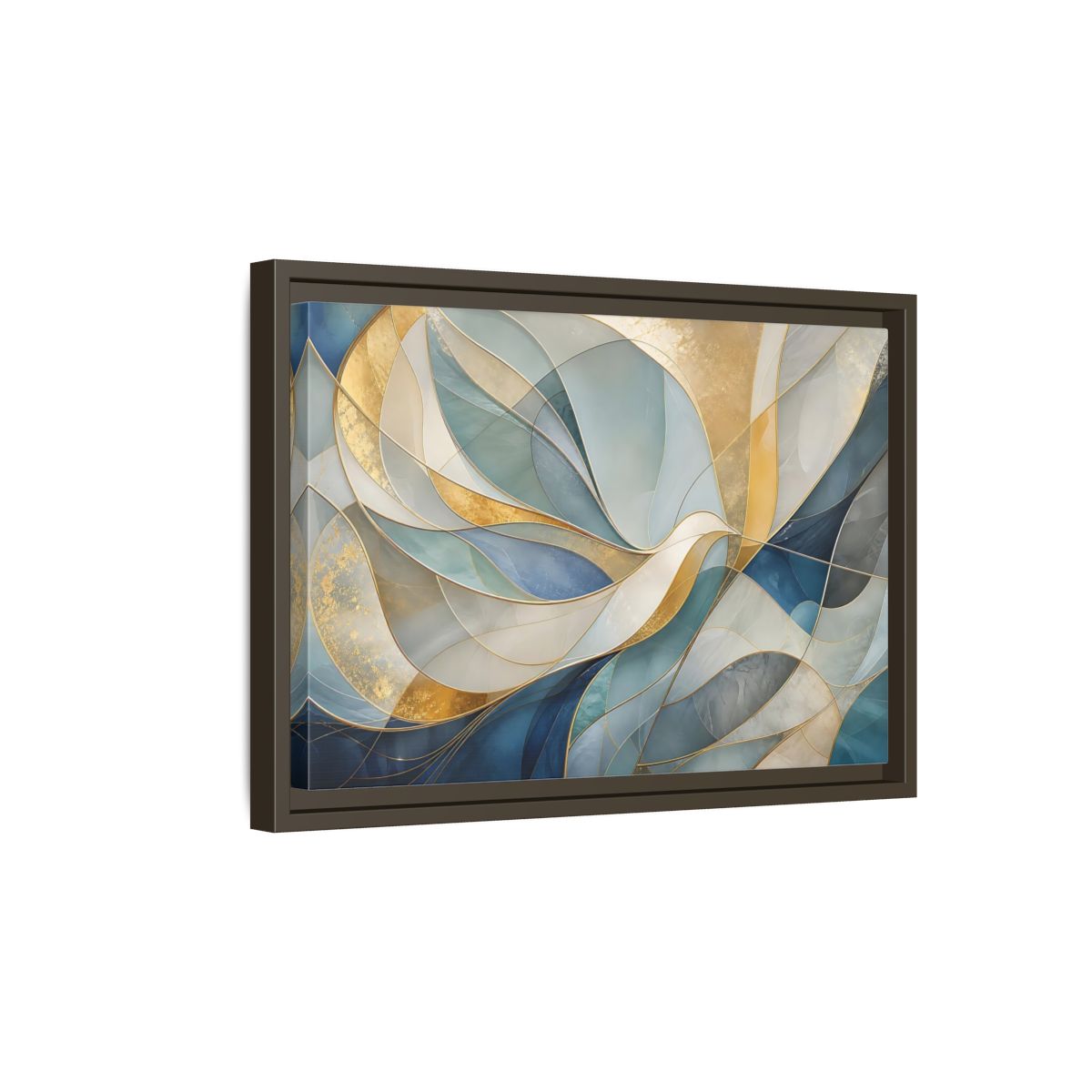Side Mockup 5. Abstract Abstract Waves Blue And Gold shown as stretched canvas wall art