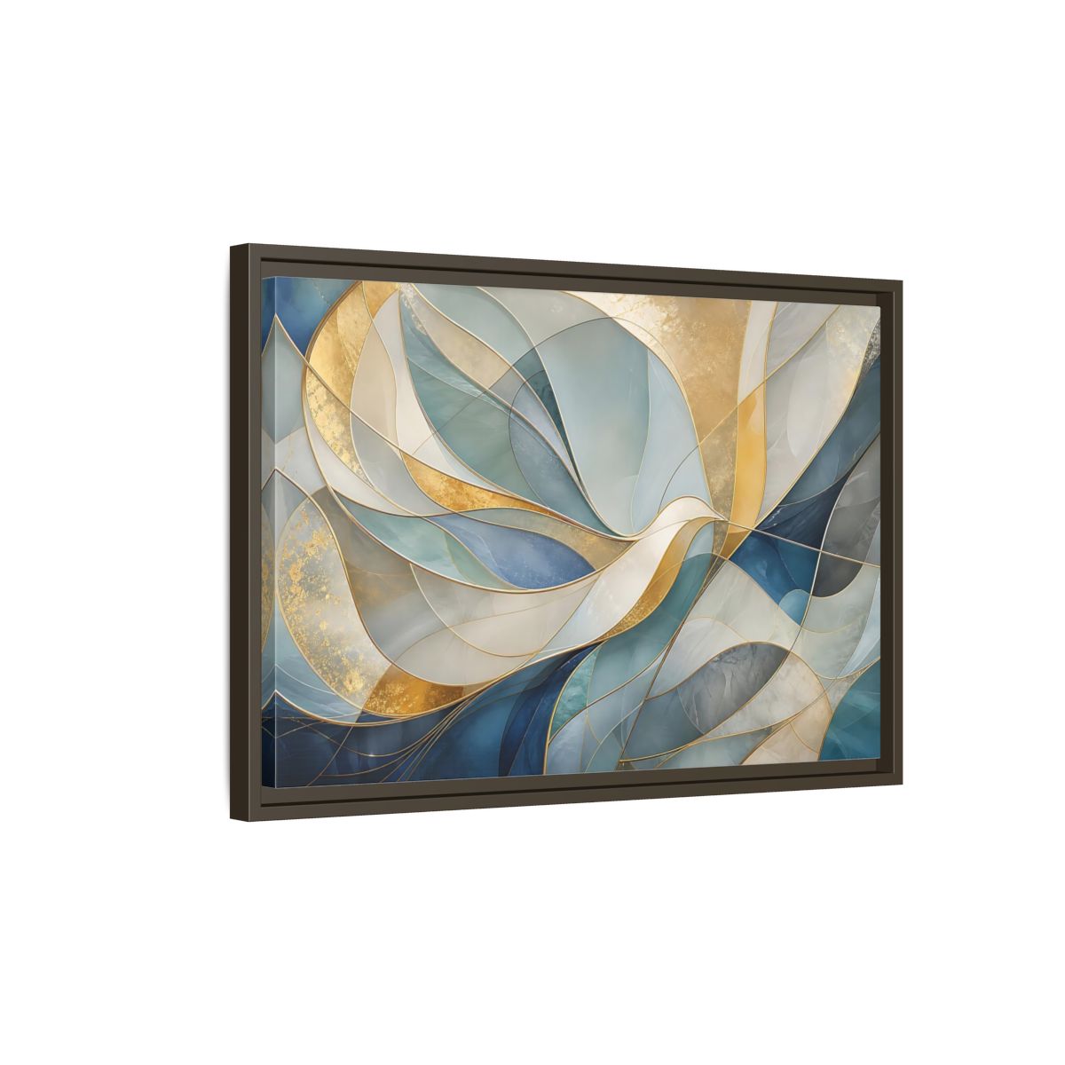 Side Mockup 2. Abstract Abstract Waves Blue And Gold shown as stretched canvas wall art