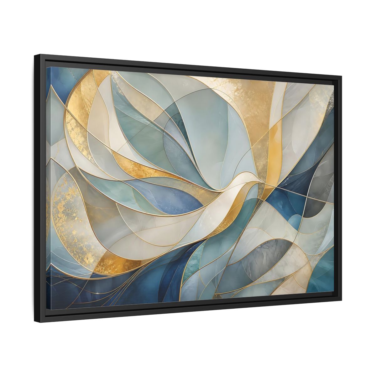 Side Mockup 14. Abstract Abstract Waves Blue And Gold shown as stretched canvas wall art