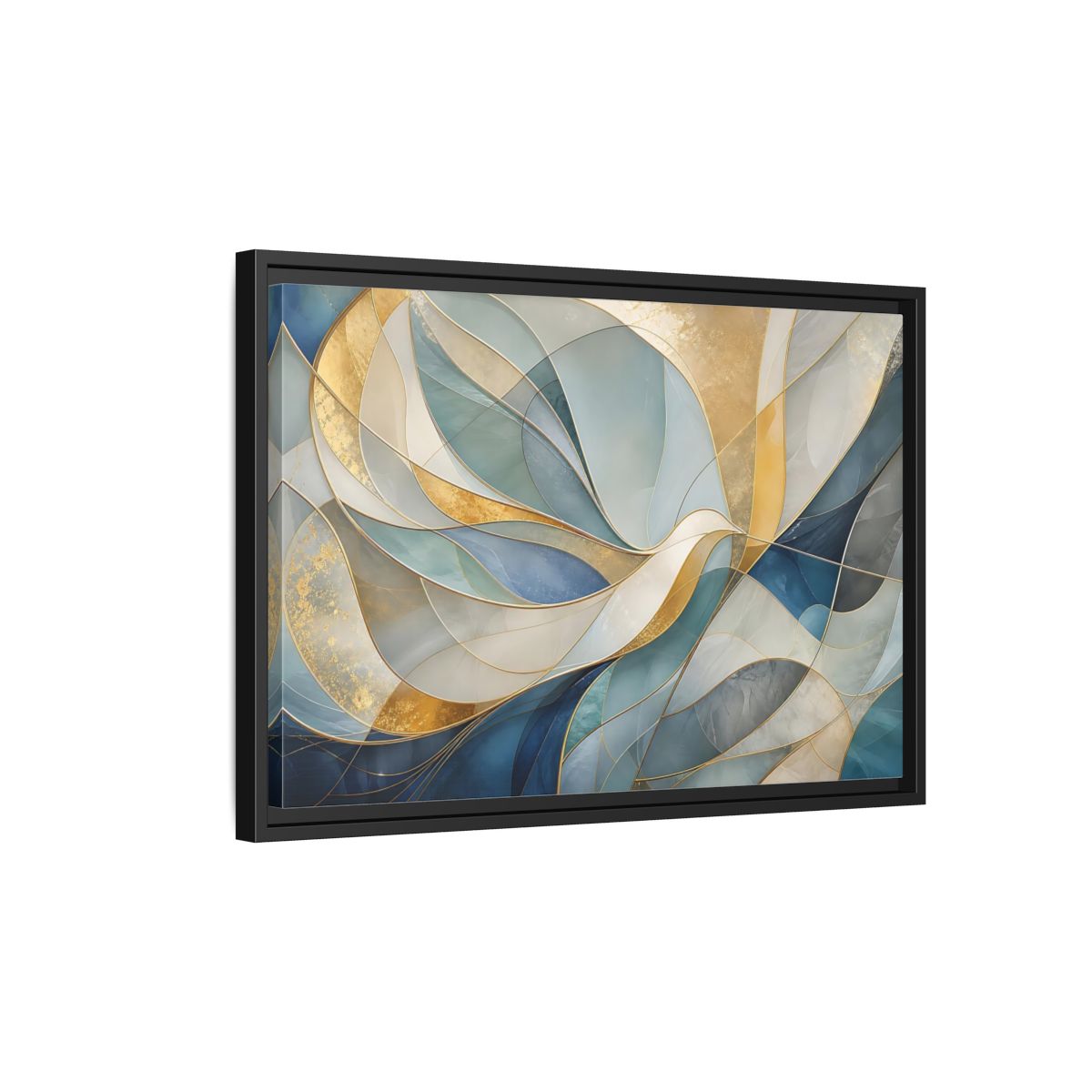 Side Mockup 3. Abstract Abstract Waves Blue And Gold shown as stretched canvas wall art