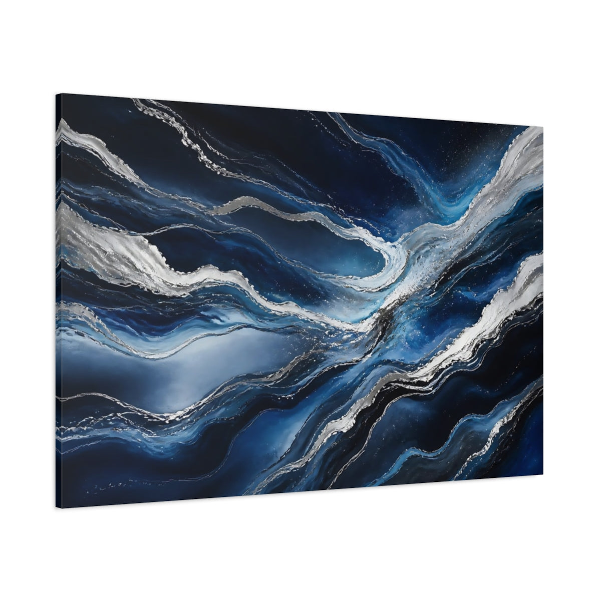 Side Mockup 1. Abstract Abstract Waves Blue And Silver shown as stretched canvas wall art