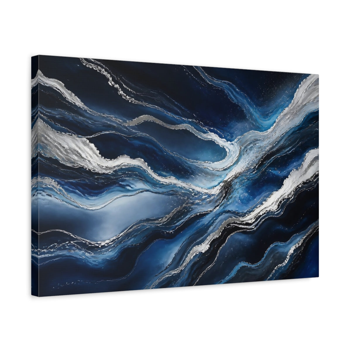 Side Mockup 3. Abstract Abstract Waves Blue And Silver shown as stretched canvas wall art