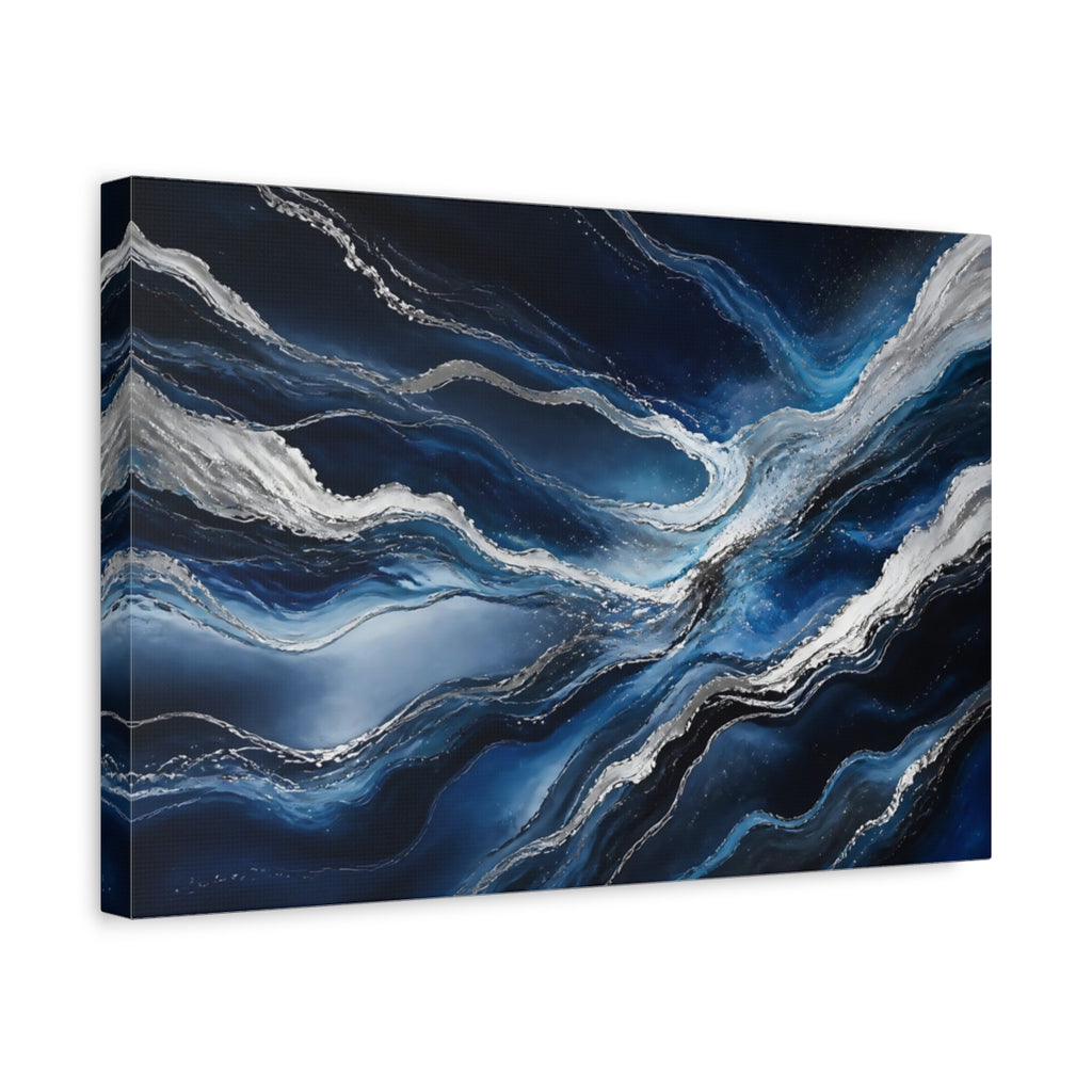 Side Mockup 4. Abstract Abstract Waves Blue And Silver shown as stretched canvas wall art