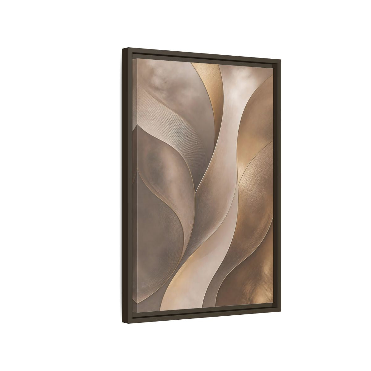 Side Mockup 2. Abstract Abstract Waves Brown And Gold shown as stretched canvas wall art