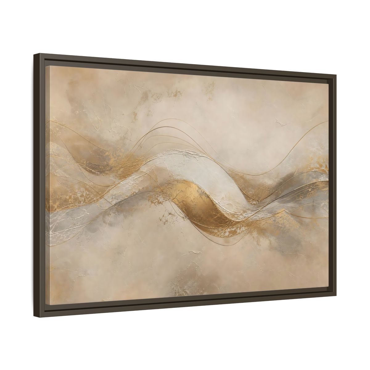 Side Mockup 11. Abstract Abstract Waves Gold And Beige shown as stretched canvas wall art