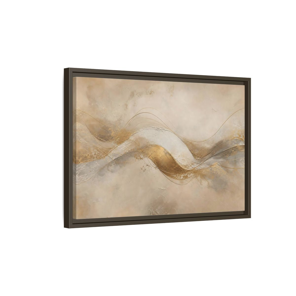 Side Mockup 2. Abstract Abstract Waves Gold And Beige shown as stretched canvas wall art