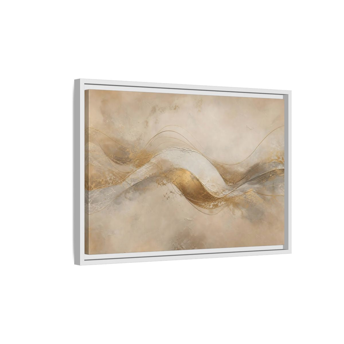 Side Mockup 1. Abstract Abstract Waves Gold And Beige shown as stretched canvas wall art