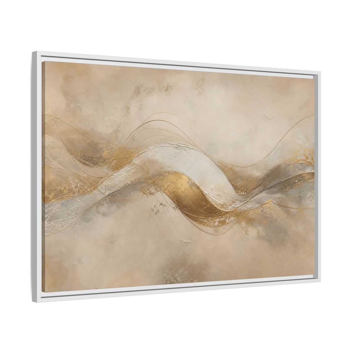 Side Mockup 9. Abstract Abstract Waves Gold And Beige shown as stretched canvas wall art