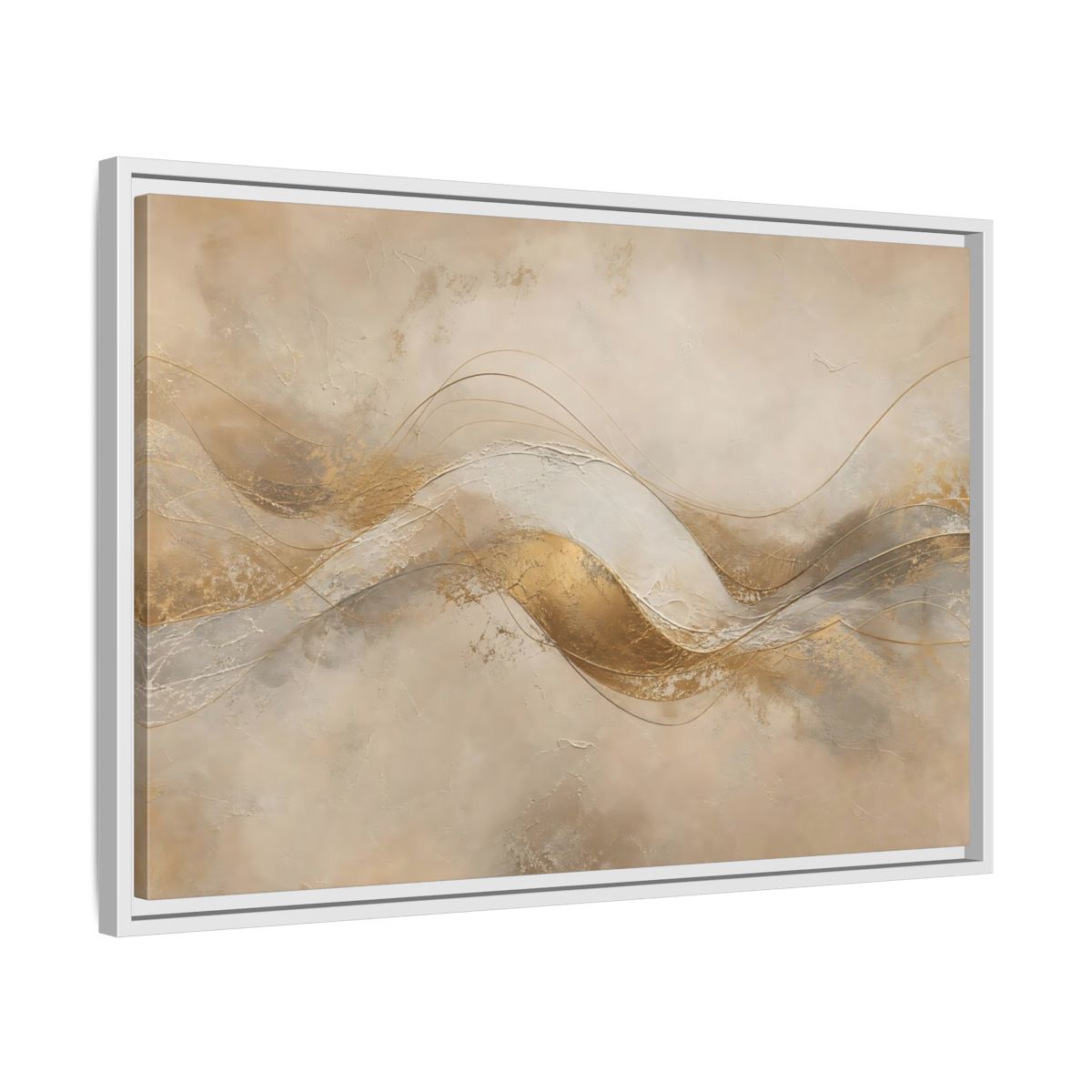 Side Mockup 10. Abstract Abstract Waves Gold And Beige shown as stretched canvas wall art