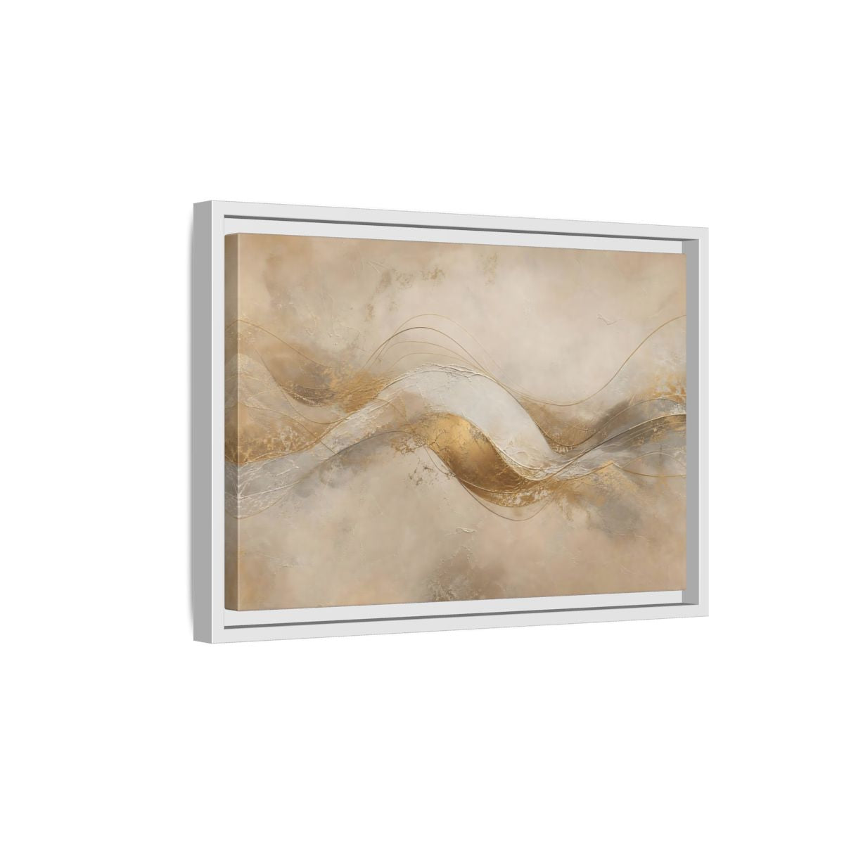 Side Mockup 4. Abstract Abstract Waves Gold And Beige shown as stretched canvas wall art