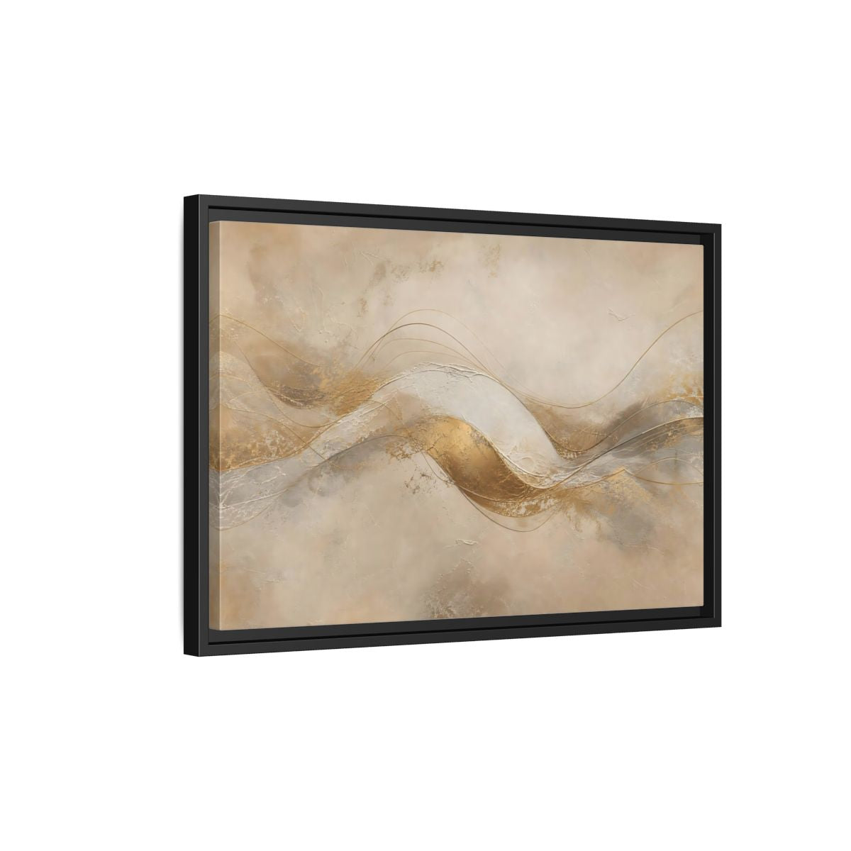 Side Mockup 3. Abstract Abstract Waves Gold And Beige shown as stretched canvas wall art