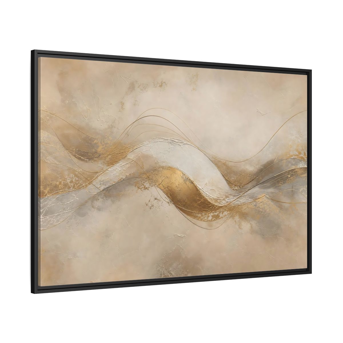 Side Mockup 12. Abstract Abstract Waves Gold And Beige shown as stretched canvas wall art