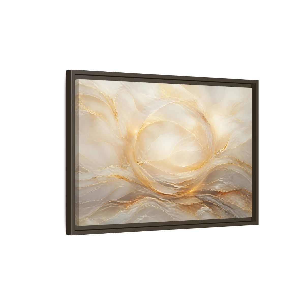 Side Mockup 2. Abstract Abstract Waves Gold And Cream shown as stretched canvas wall art