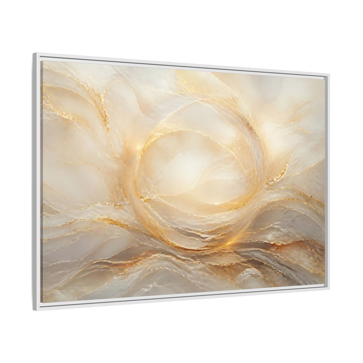 Side Mockup 7. Abstract Abstract Waves Gold And Cream shown as stretched canvas wall art