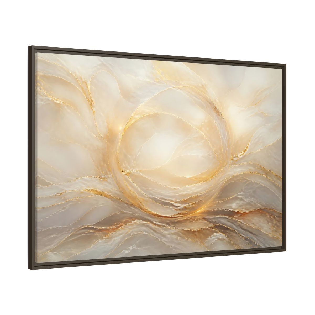 Side Mockup 8. Abstract Abstract Waves Gold And Cream shown as stretched canvas wall art