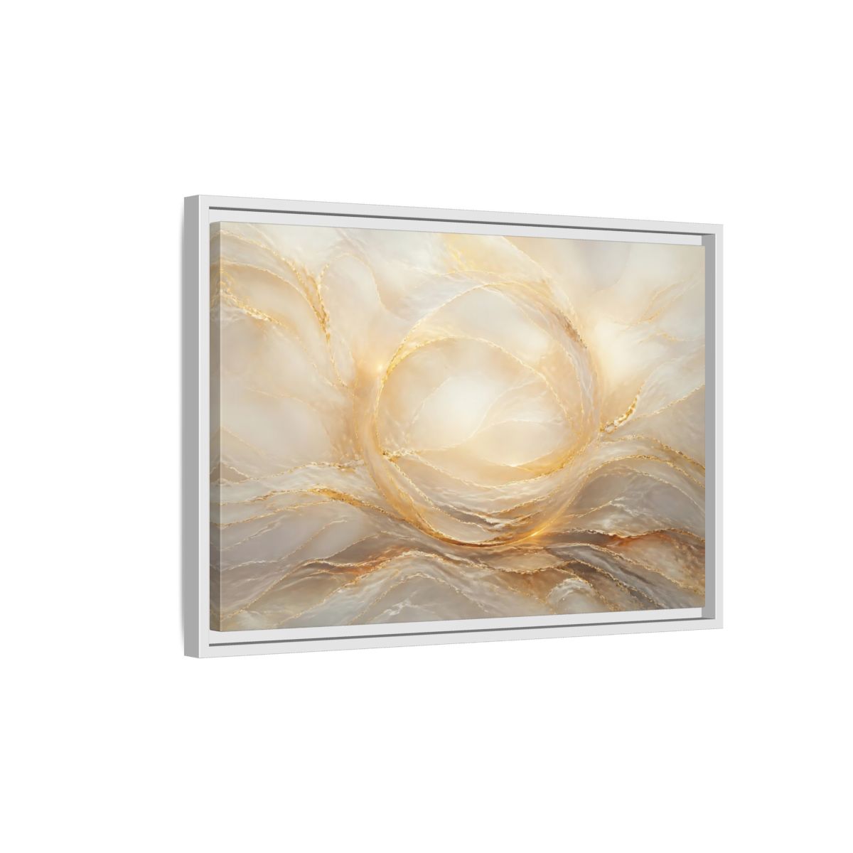 Side Mockup 1. Abstract Abstract Waves Gold And Cream shown as stretched canvas wall art