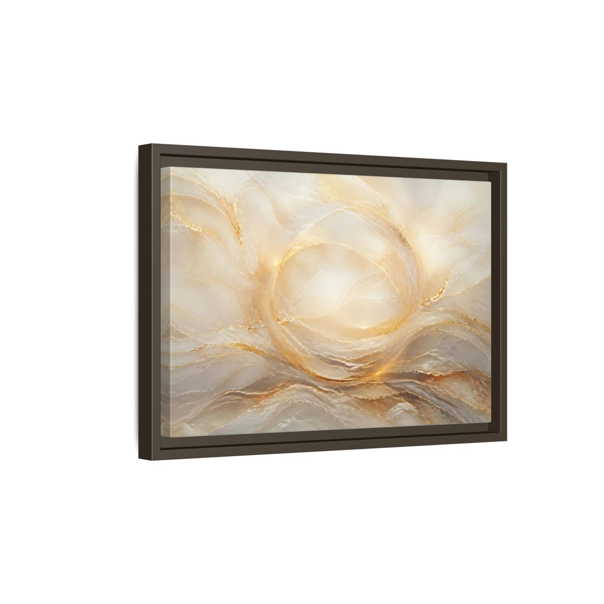 Side Mockup 5. Abstract Abstract Waves Gold And Cream shown as stretched canvas wall art