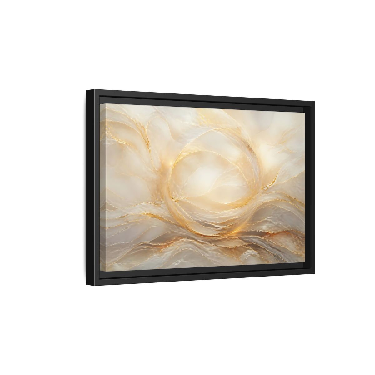 Side Mockup 6. Abstract Abstract Waves Gold And Cream shown as stretched canvas wall art