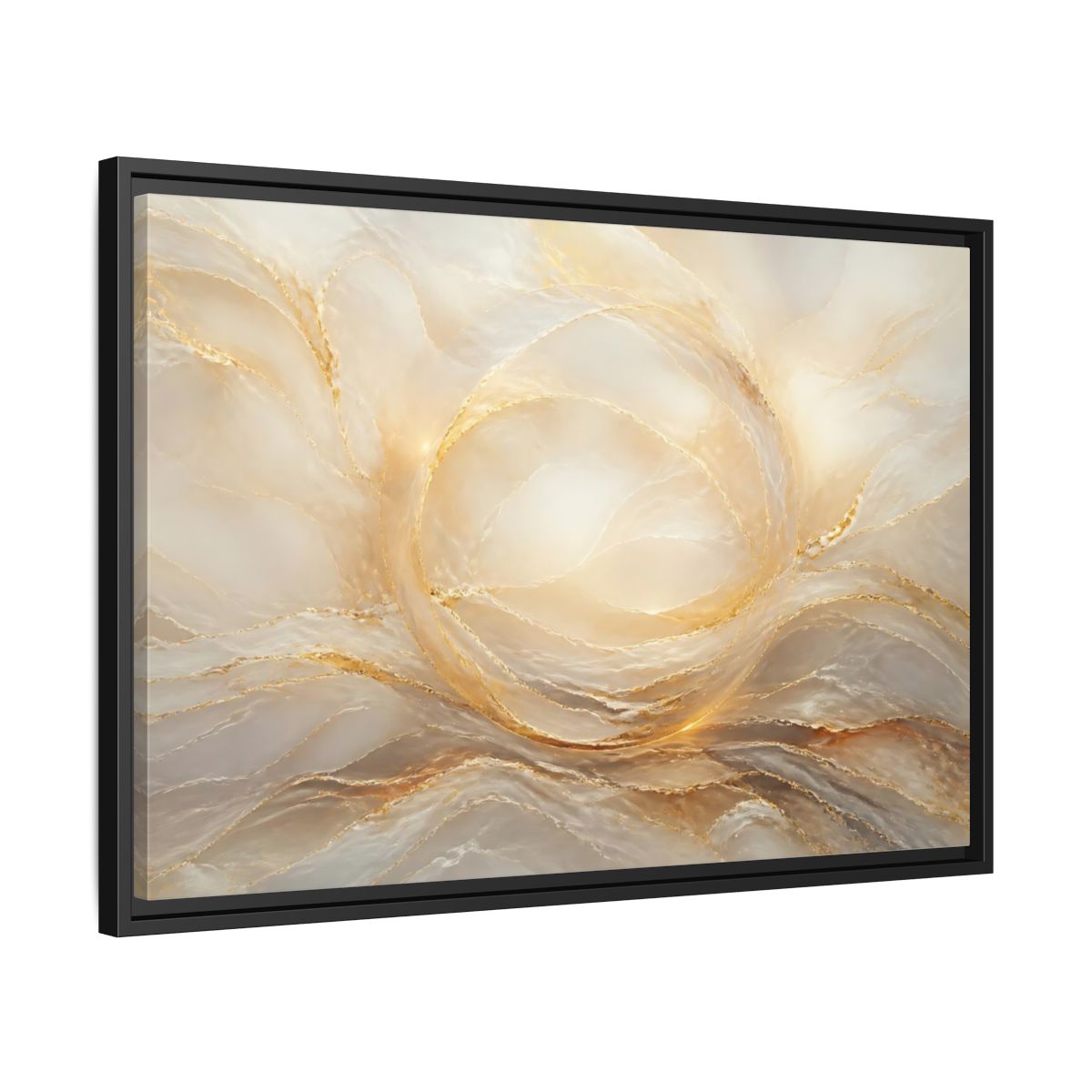 Side Mockup 14. Abstract Abstract Waves Gold And Cream shown as stretched canvas wall art