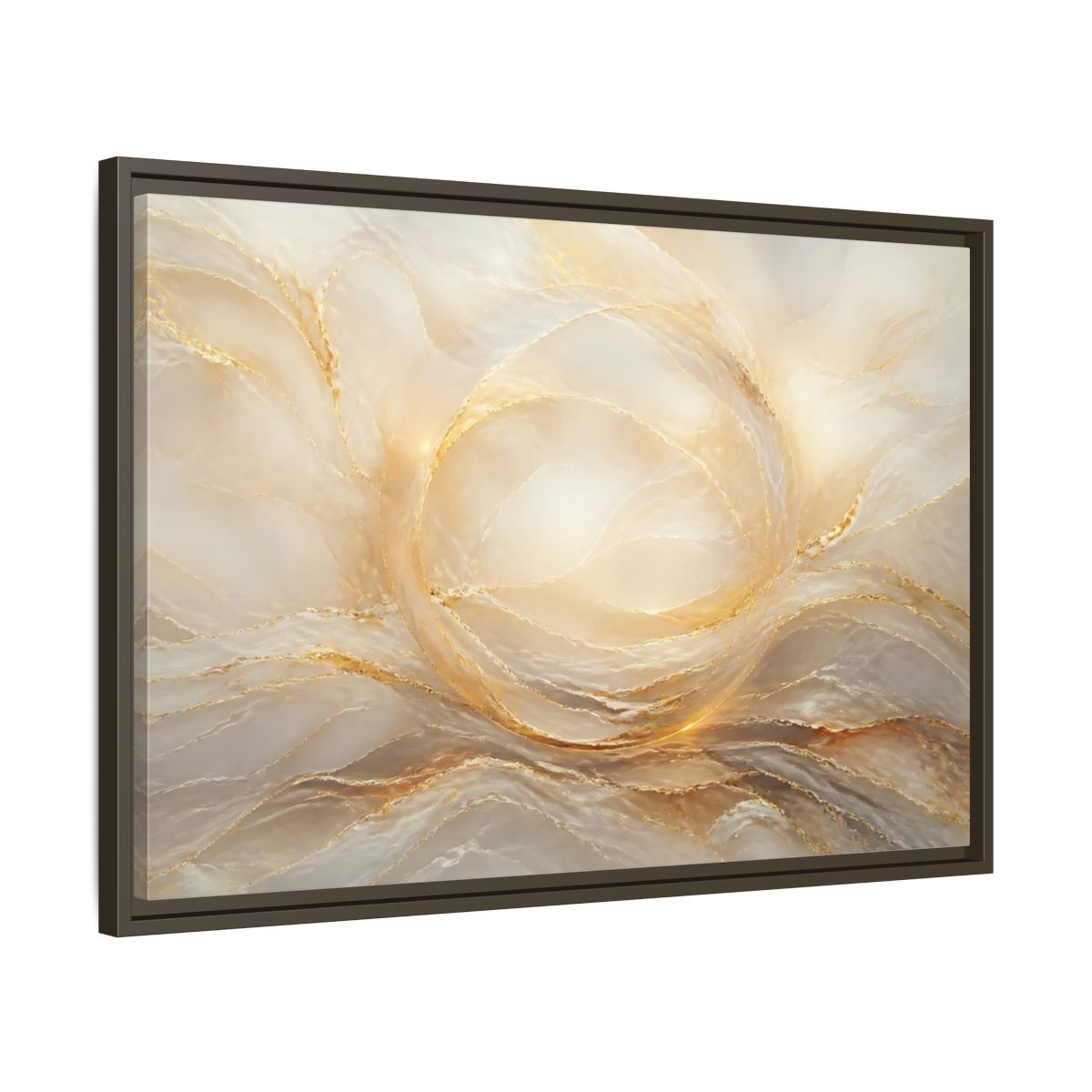 Side Mockup 11. Abstract Abstract Waves Gold And Cream shown as stretched canvas wall art