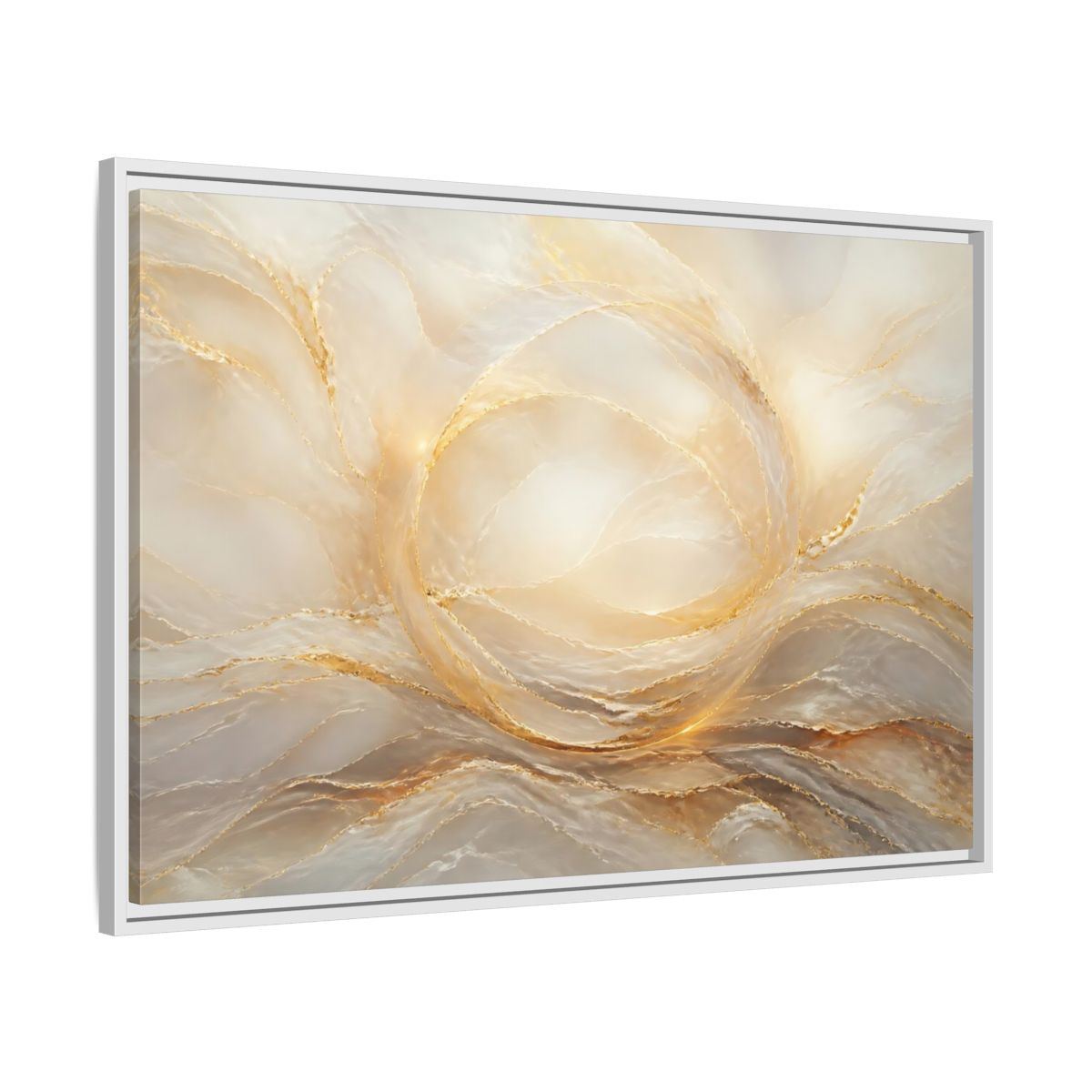Side Mockup 9. Abstract Abstract Waves Gold And Cream shown as stretched canvas wall art