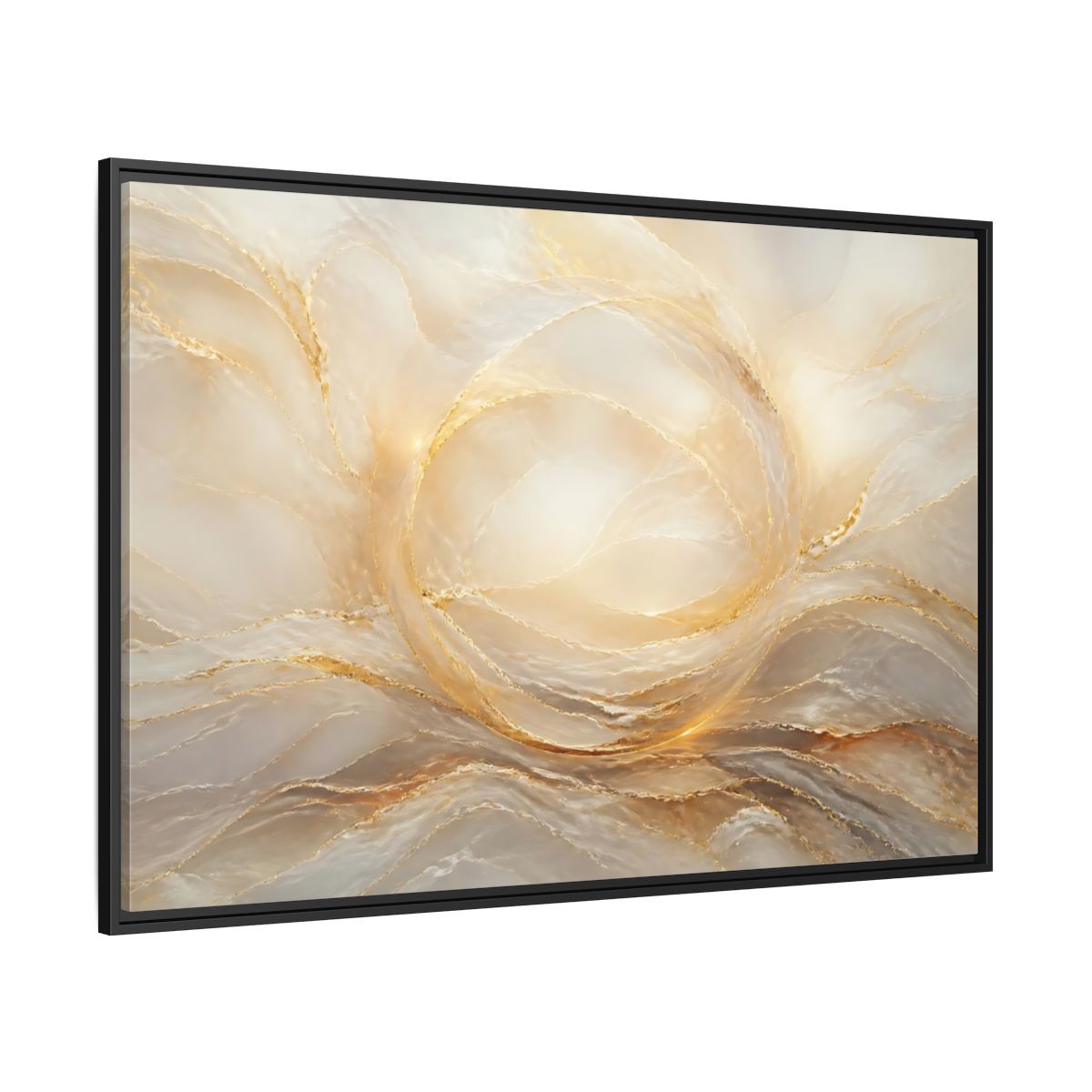 Side Mockup 12. Abstract Abstract Waves Gold And Cream shown as stretched canvas wall art