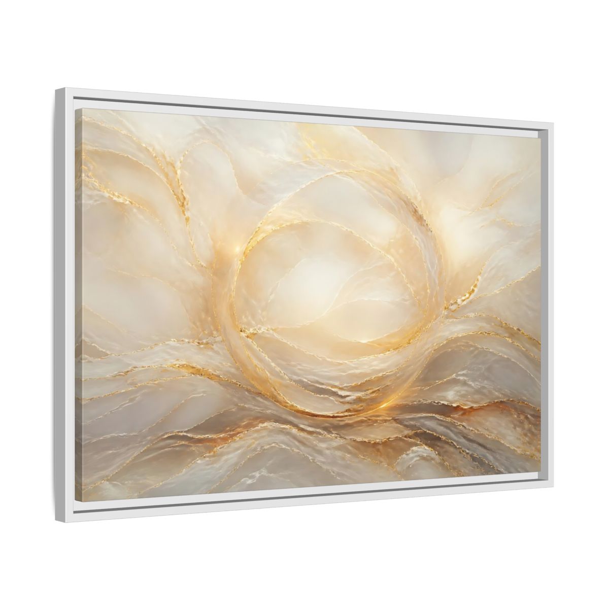 Side Mockup 10. Abstract Abstract Waves Gold And Cream shown as stretched canvas wall art