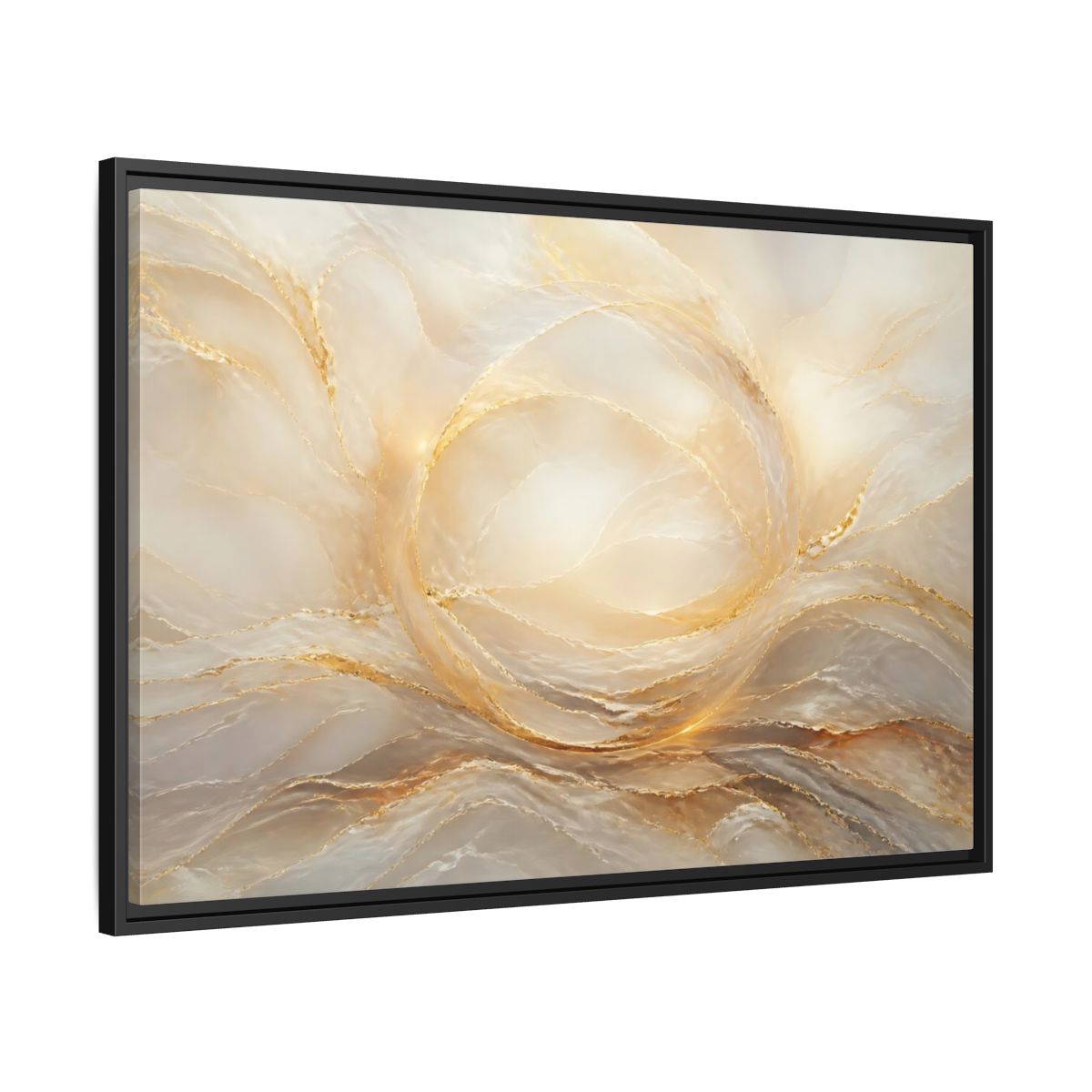 Side Mockup 13. Abstract Abstract Waves Gold And Cream shown as stretched canvas wall art