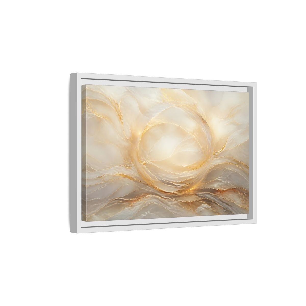 Side Mockup 4. Abstract Abstract Waves Gold And Cream shown as stretched canvas wall art