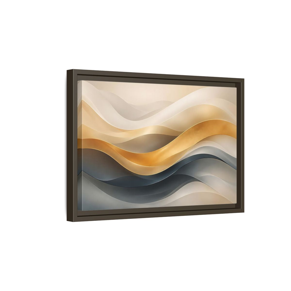 Side Mockup 5. Abstract Abstract Waves Gold And Gray Waves shown as stretched canvas wall art