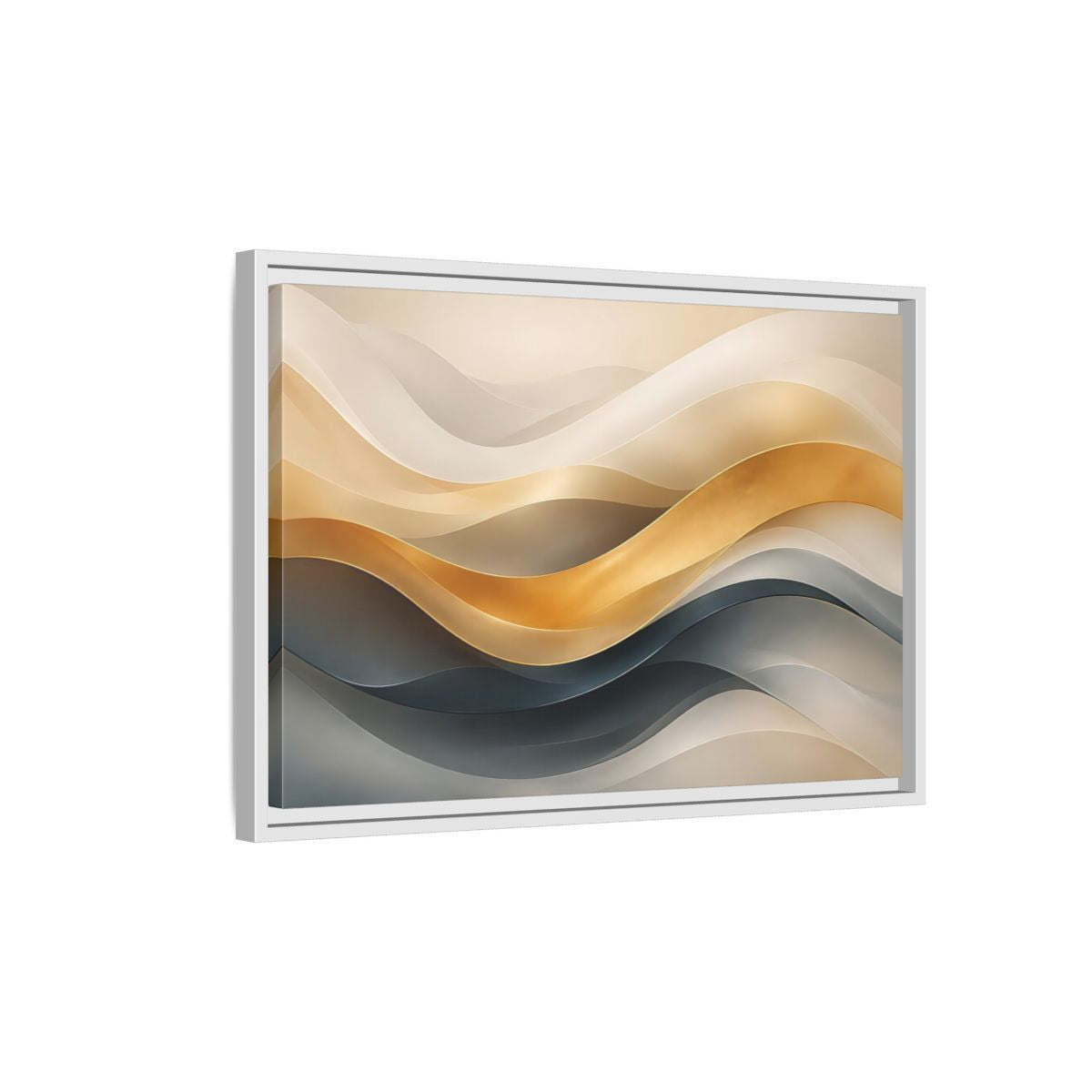 Side Mockup 1. Abstract Abstract Waves Gold And Gray Waves shown as stretched canvas wall art