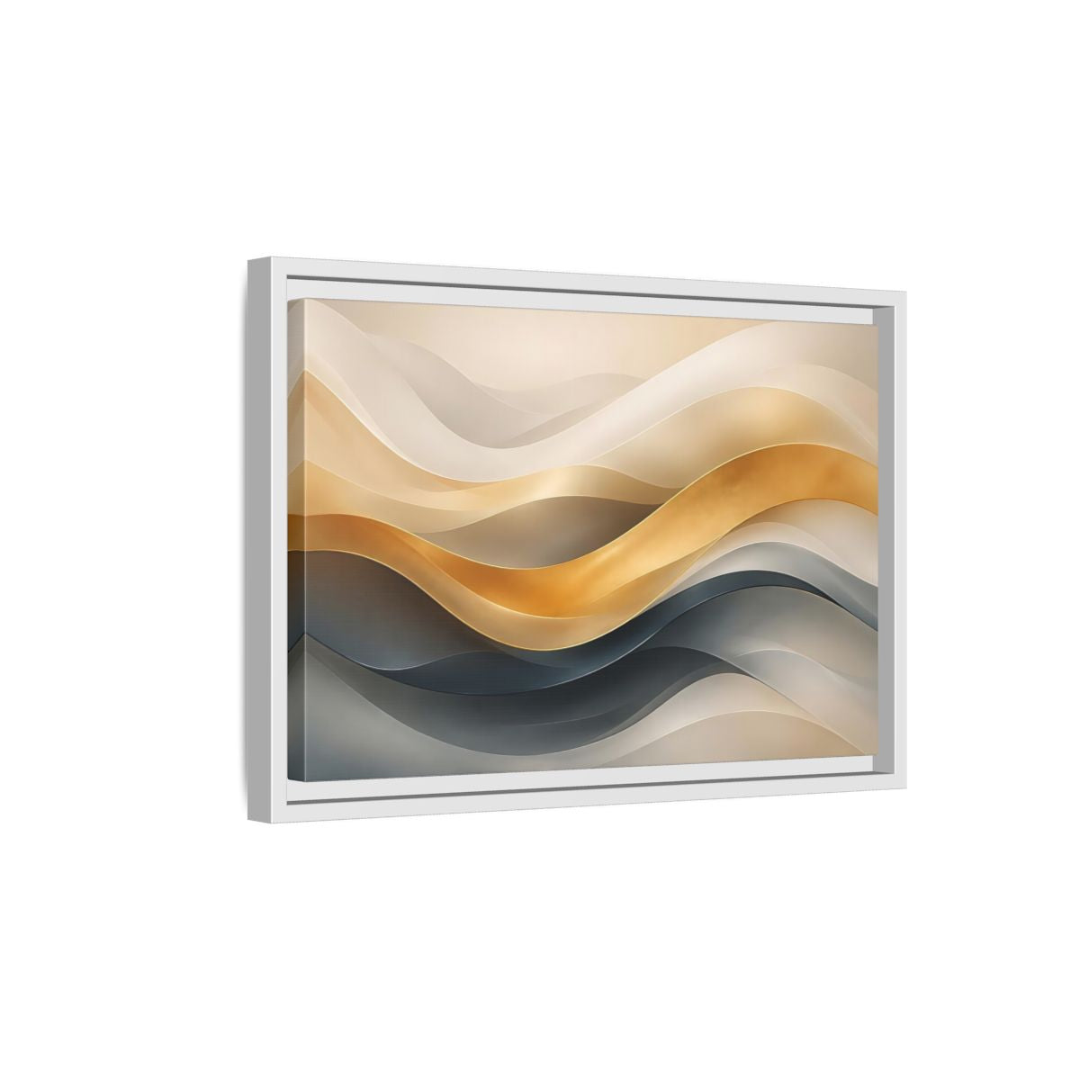 Side Mockup 4. Abstract Abstract Waves Gold And Gray Waves shown as stretched canvas wall art