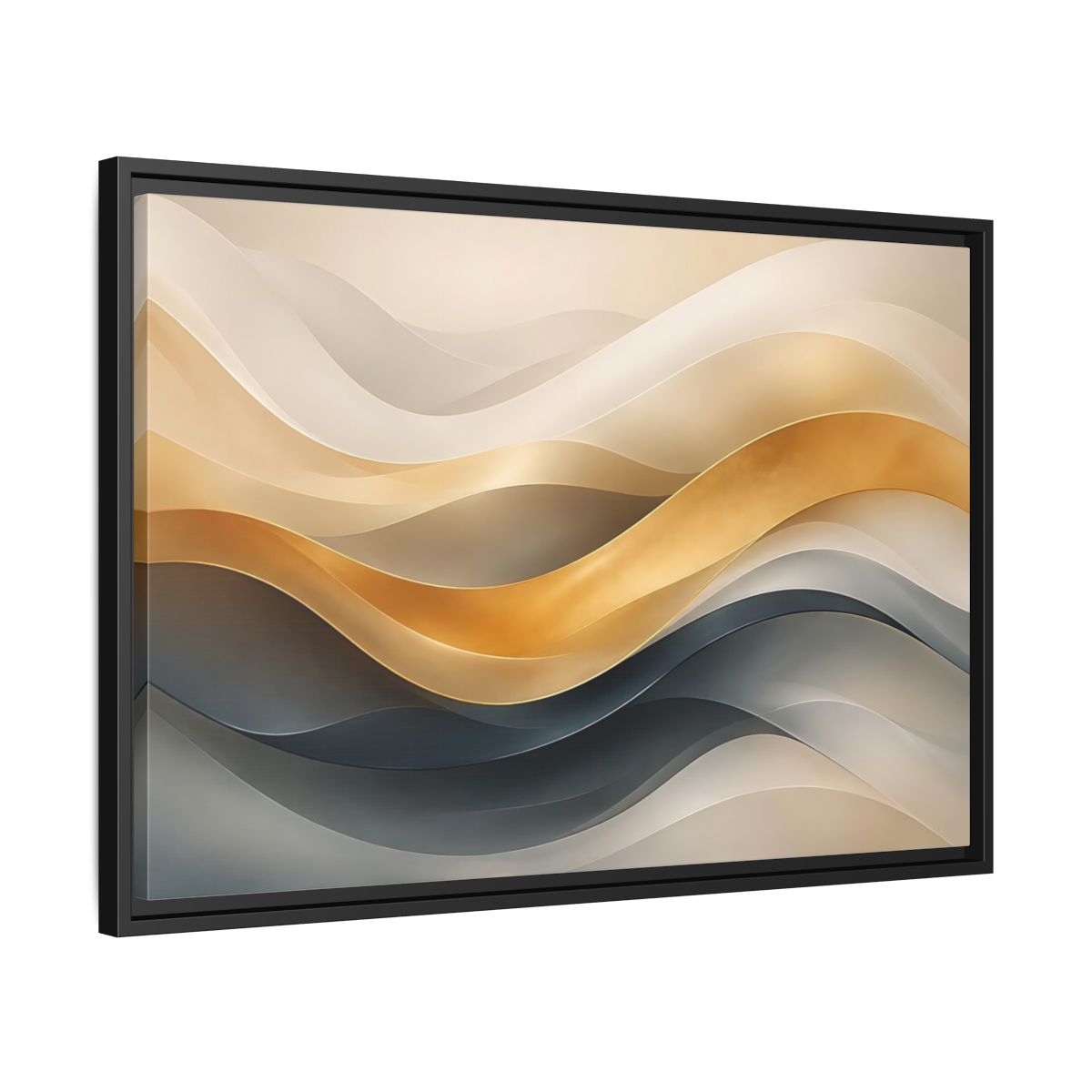 Side Mockup 14. Abstract Abstract Waves Gold And Gray Waves shown as stretched canvas wall art