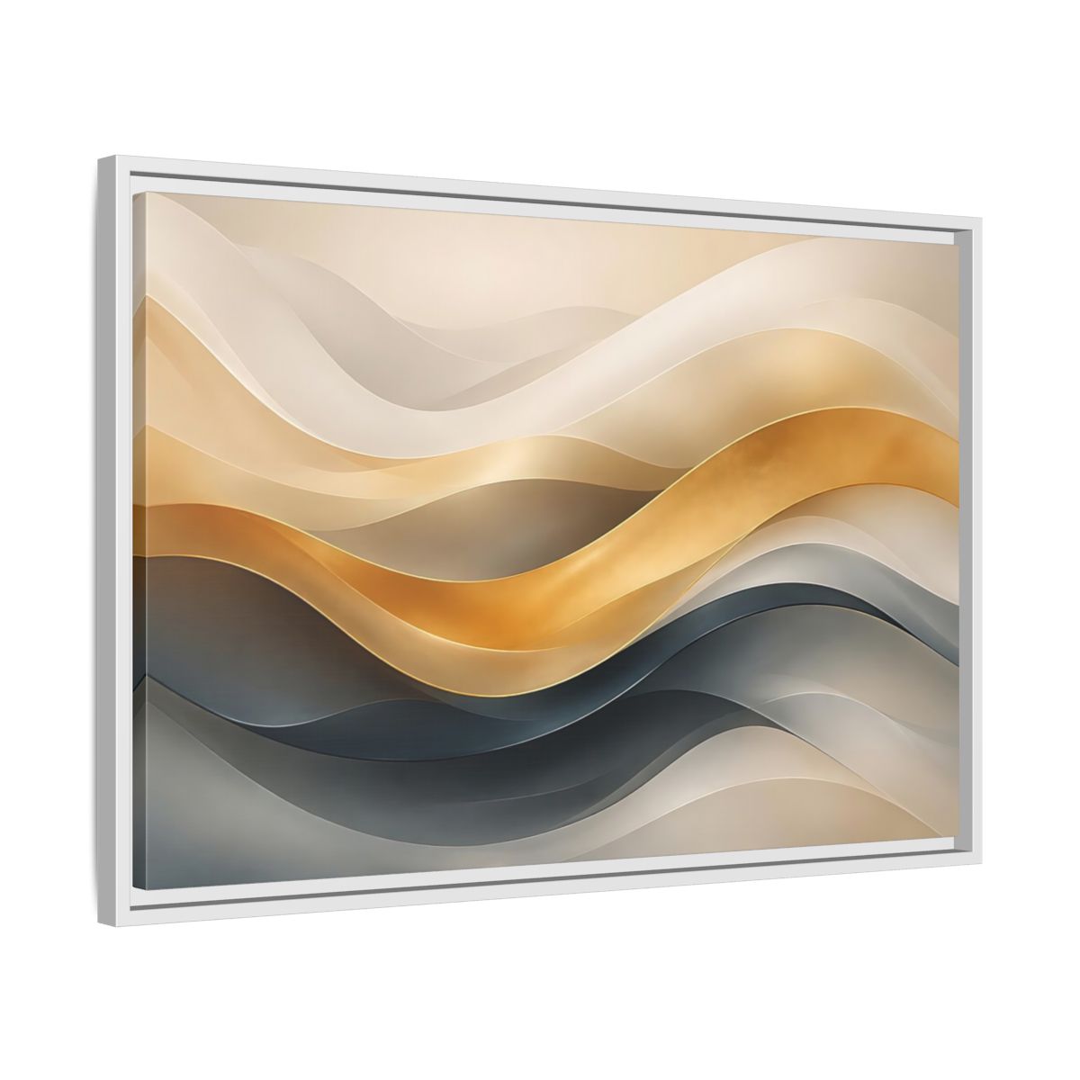 Side Mockup 10. Abstract Abstract Waves Gold And Gray Waves shown as stretched canvas wall art