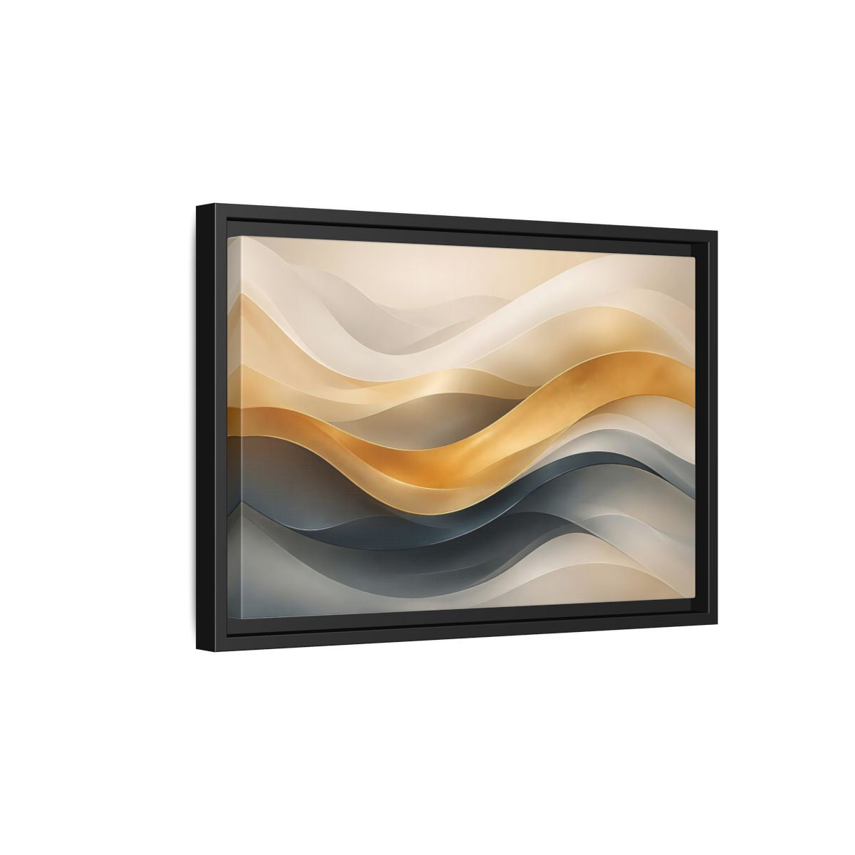 Side Mockup 6. Abstract Abstract Waves Gold And Gray Waves shown as stretched canvas wall art
