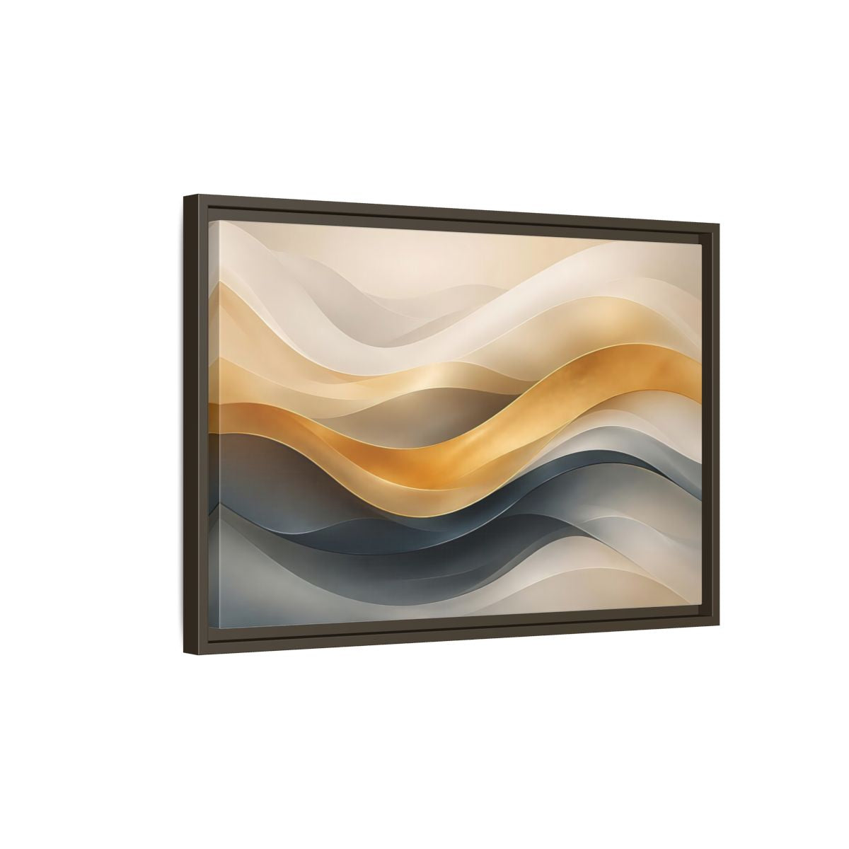 Side Mockup 2. Abstract Abstract Waves Gold And Gray Waves shown as stretched canvas wall art