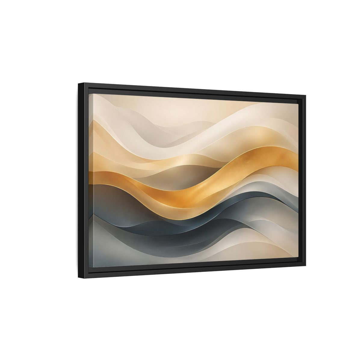Side Mockup 3. Abstract Abstract Waves Gold And Gray Waves shown as stretched canvas wall art