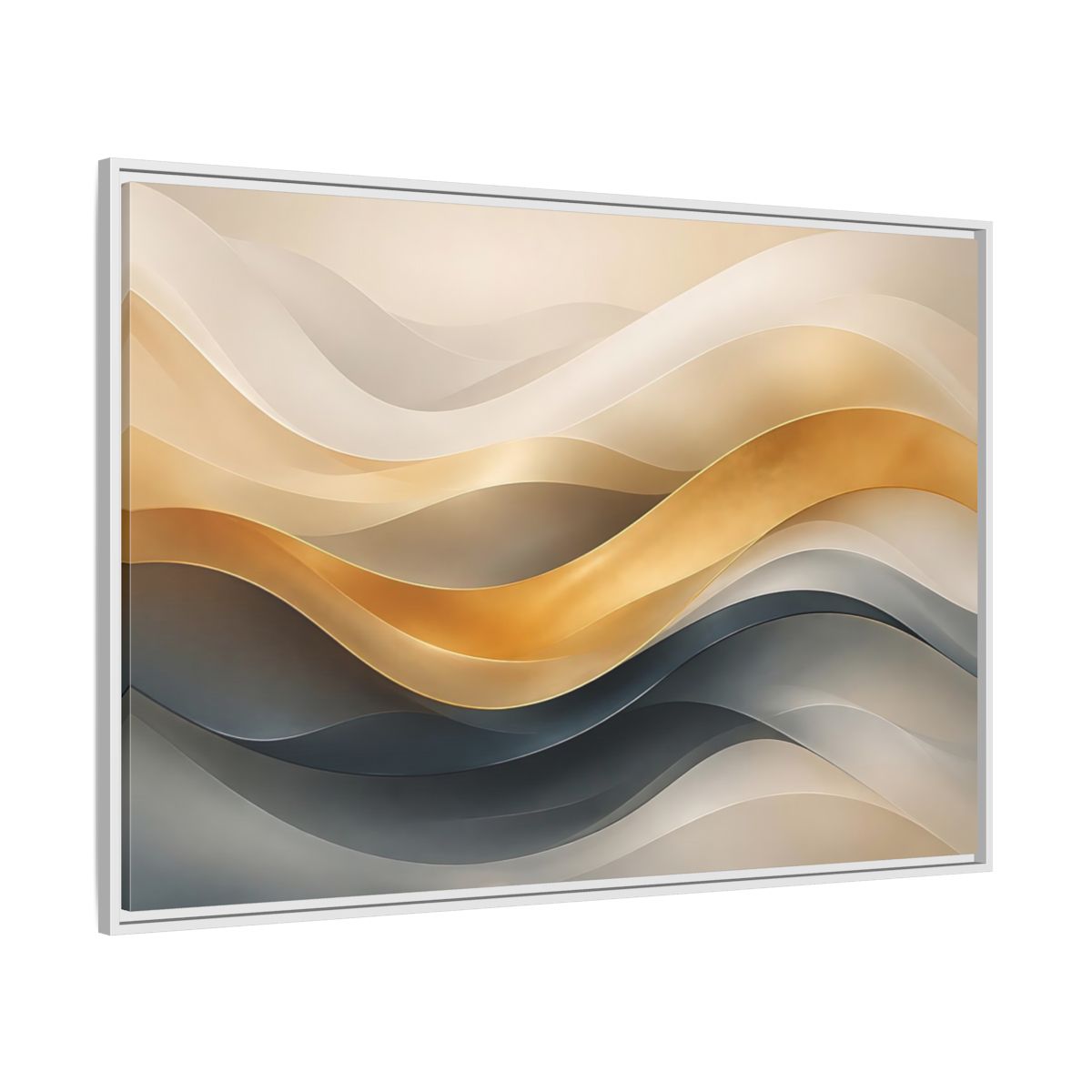 Side Mockup 7. Abstract Abstract Waves Gold And Gray Waves shown as stretched canvas wall art