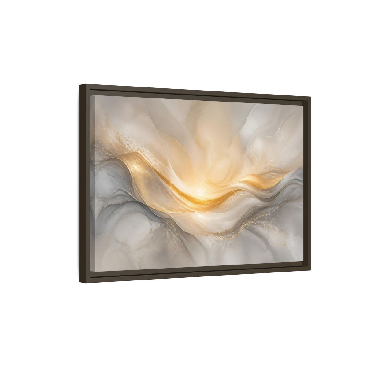 Side Mockup 2. Abstract Abstract Waves Gold And Gray shown as stretched canvas wall art