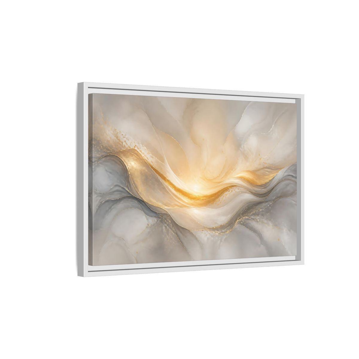 Side Mockup 1. Abstract Abstract Waves Gold And Gray shown as stretched canvas wall art
