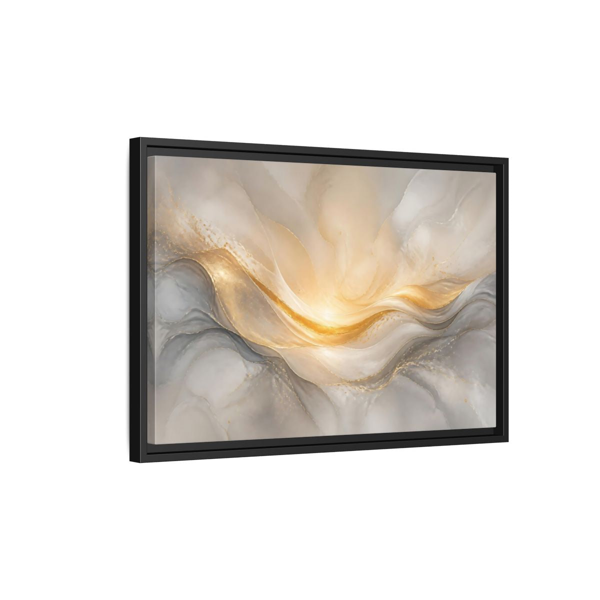 Side Mockup 3. Abstract Abstract Waves Gold And Gray shown as stretched canvas wall art
