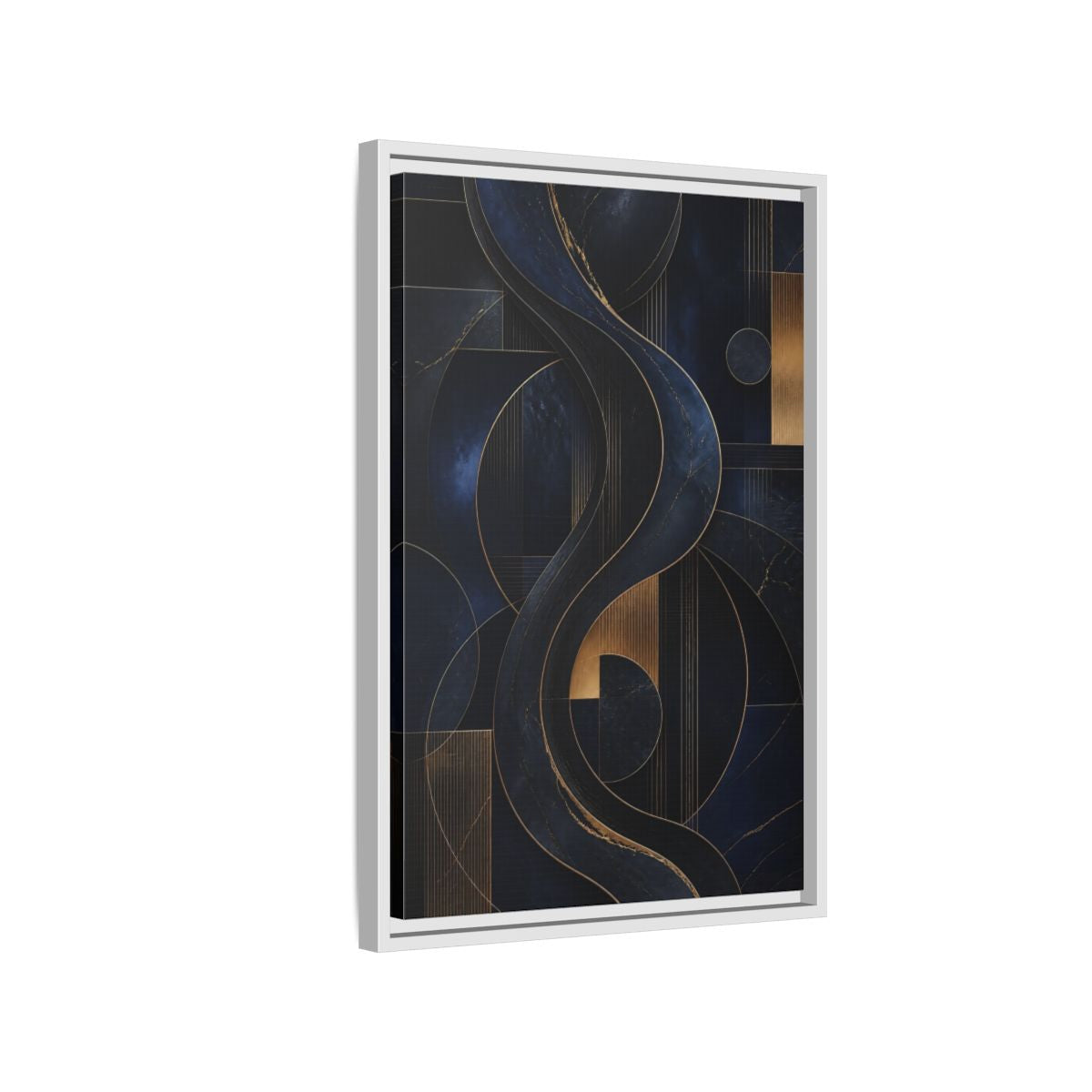 Side Mockup 1. Abstract Abstract Waves Navy Gold Abstract shown as stretched canvas wall art