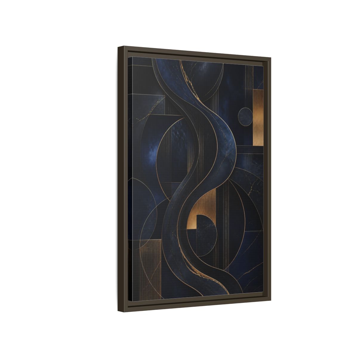 Side Mockup 2. Abstract Abstract Waves Navy Gold Abstract shown as stretched canvas wall art