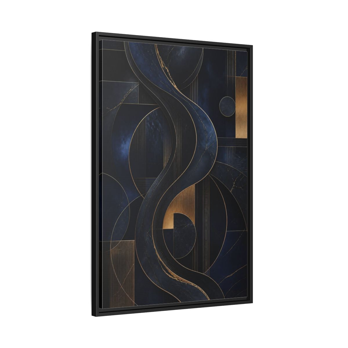 Side Mockup 13. Abstract Abstract Waves Navy Gold Abstract shown as stretched canvas wall art