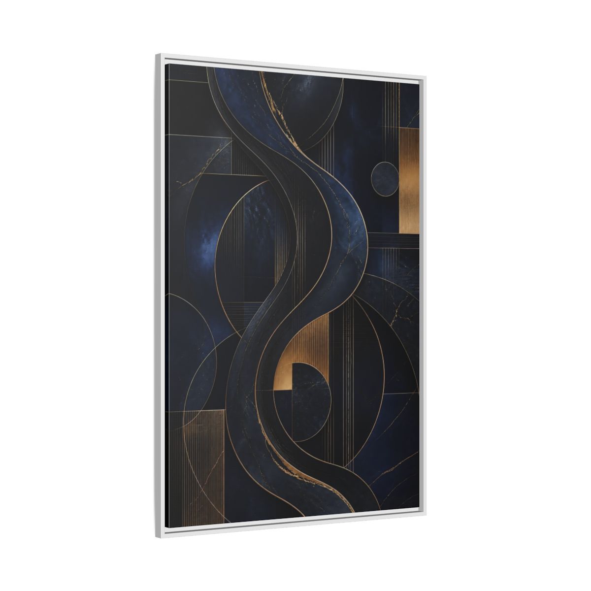 Side Mockup 7. Abstract Abstract Waves Navy Gold Abstract shown as stretched canvas wall art