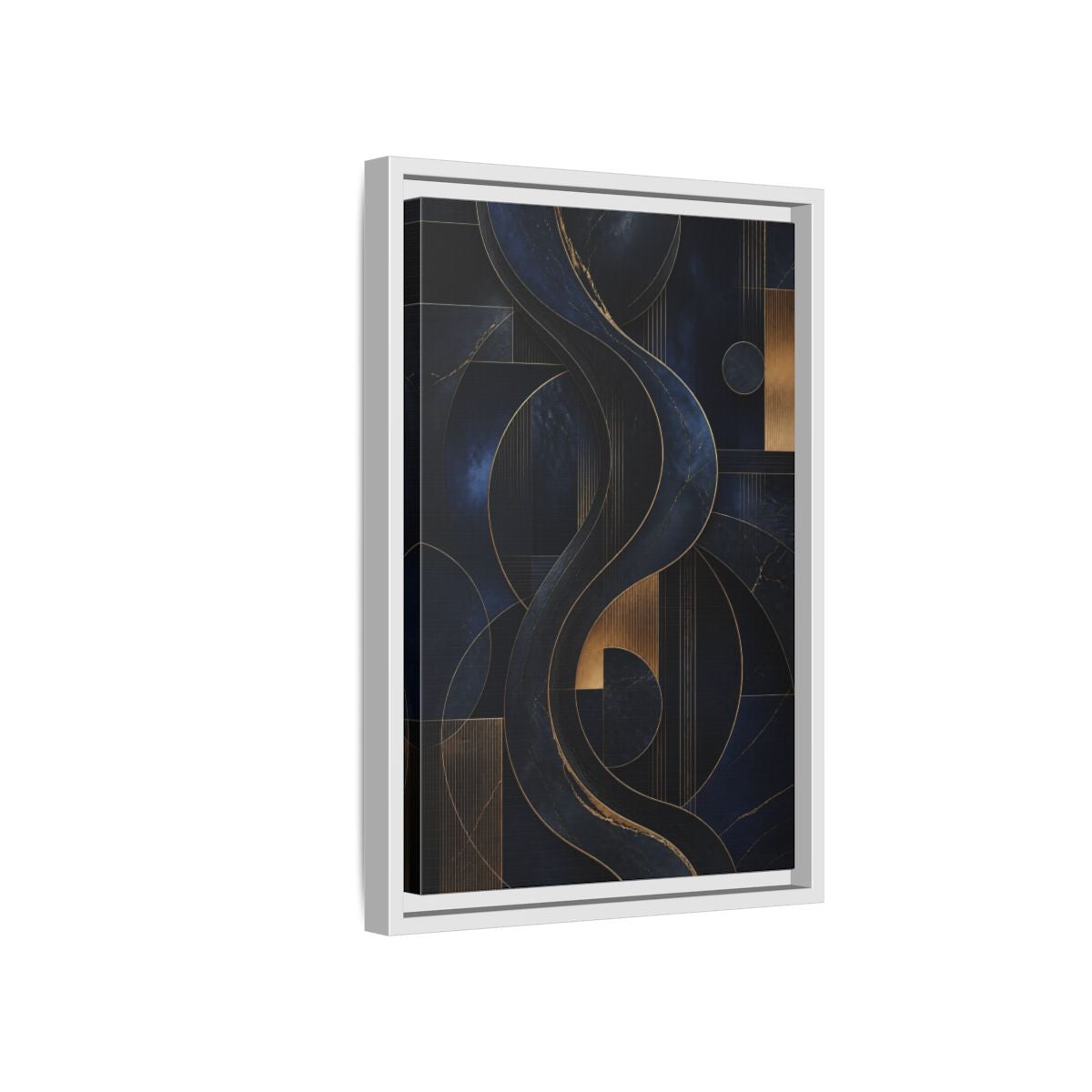 Side Mockup 4. Abstract Abstract Waves Navy Gold Abstract shown as stretched canvas wall art