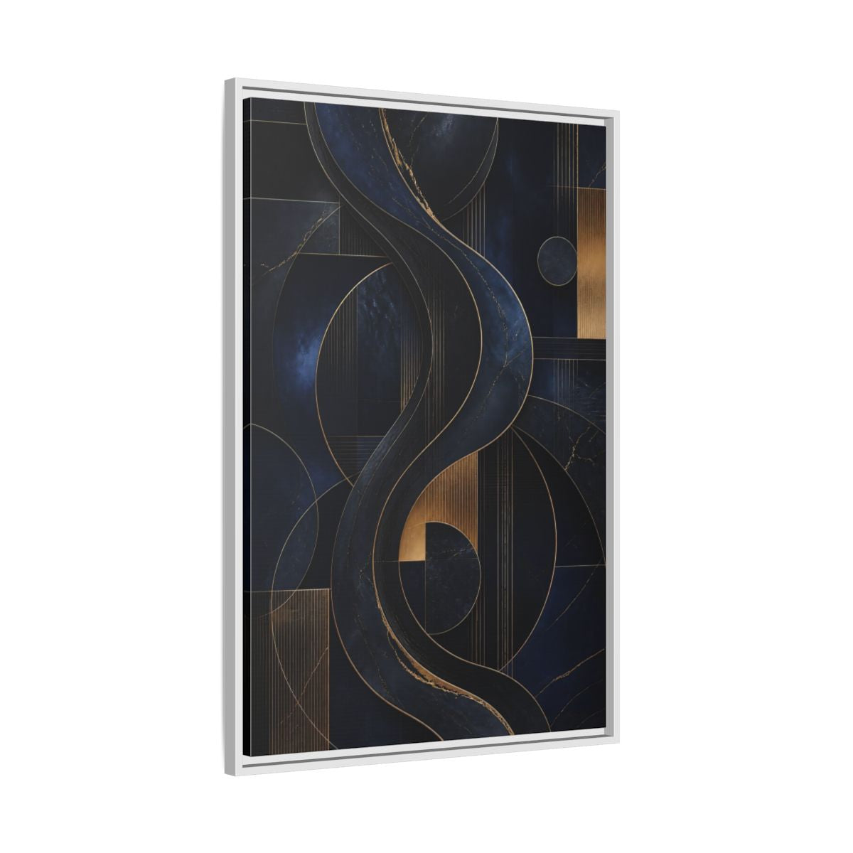 Side Mockup 9. Abstract Abstract Waves Navy Gold Abstract shown as stretched canvas wall art