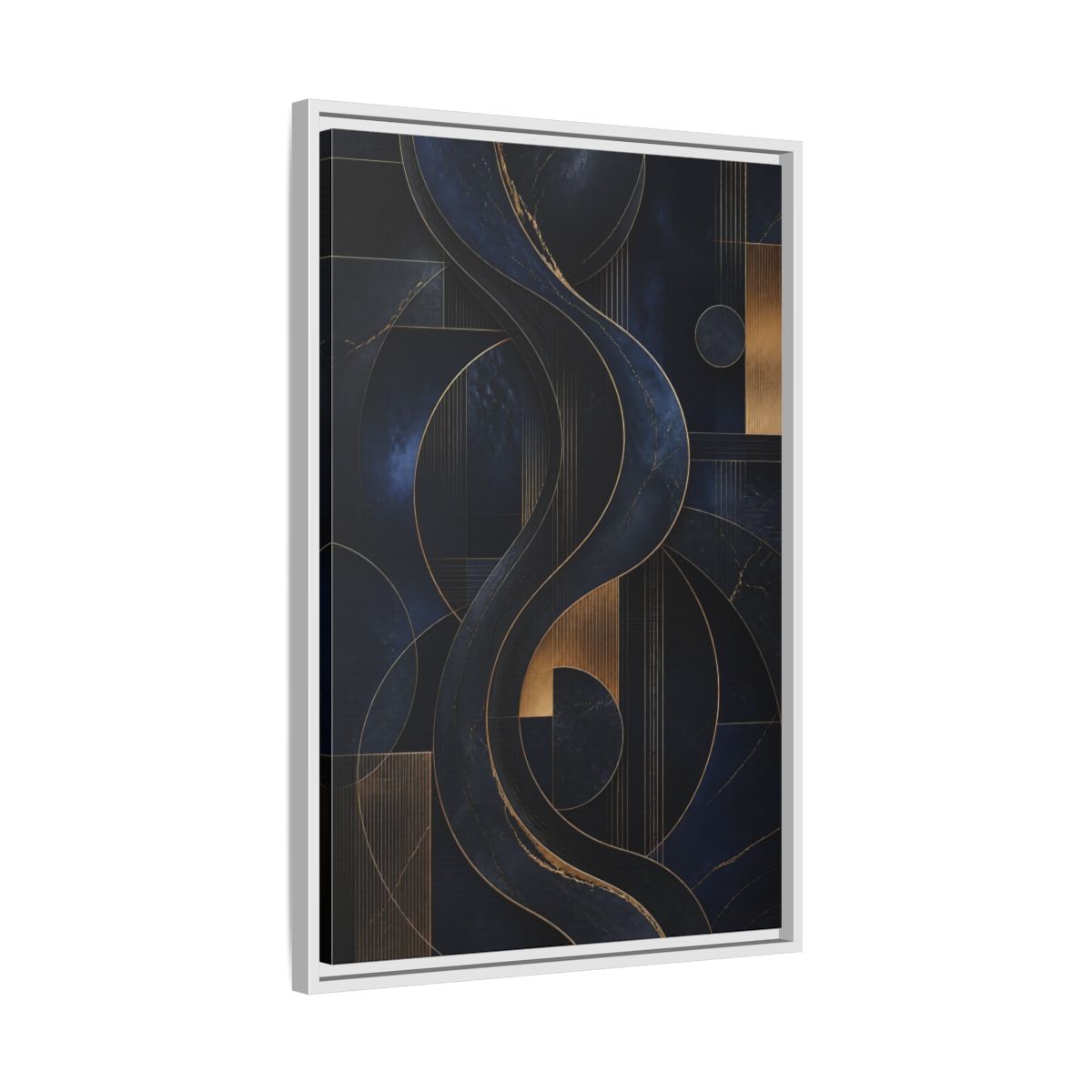 Side Mockup 10. Abstract Abstract Waves Navy Gold Abstract shown as stretched canvas wall art