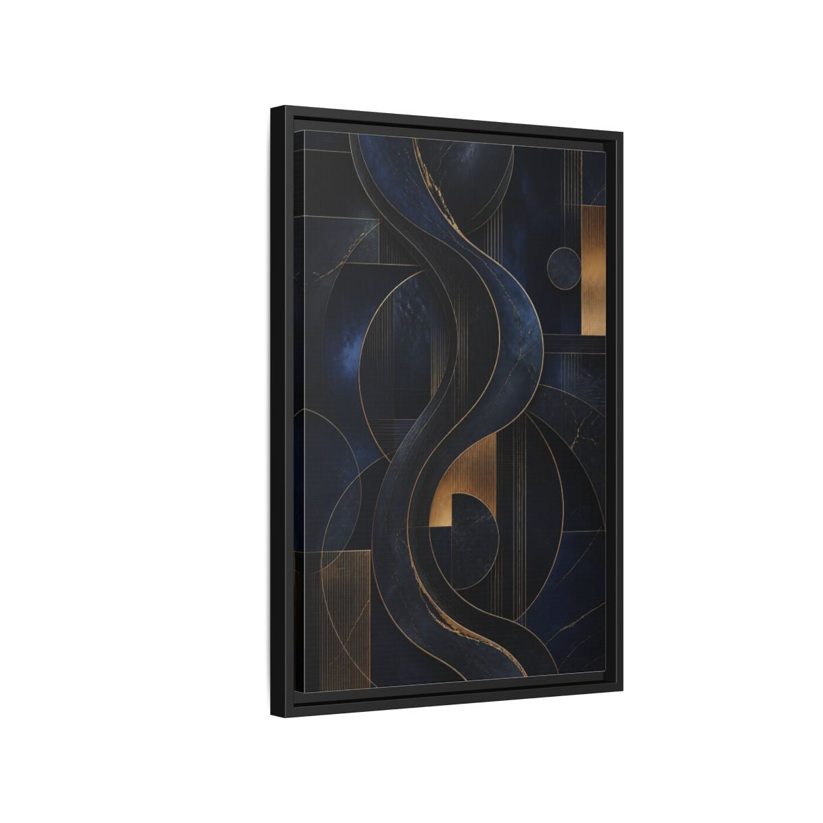 Side Mockup 3. Abstract Abstract Waves Navy Gold Abstract shown as stretched canvas wall art