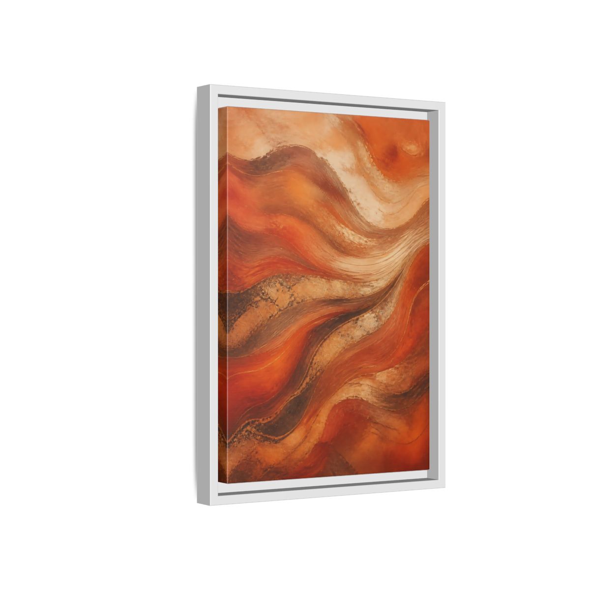 Side Mockup 4. Abstract Abstract Waves Orange And Gold shown as stretched canvas wall art